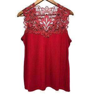 Arianne Red Sleeveless Tank with Lace Yoke